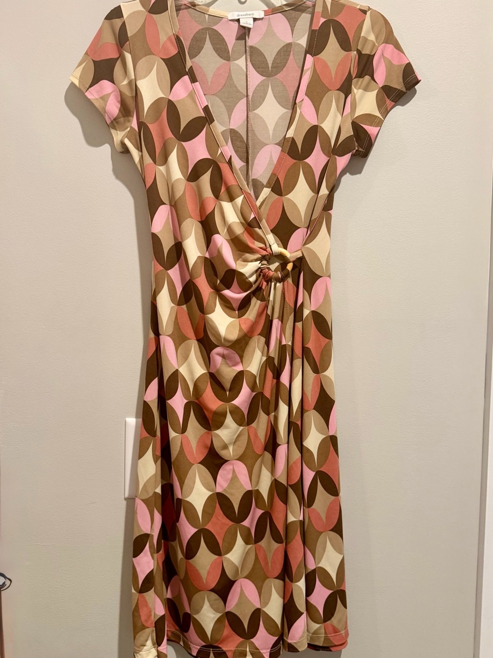 dressbarn Pink, Brown & Cream Geometric Wrap-Style Dress